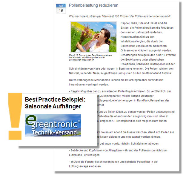 Pressemitteilung Sommer PR greentronic mit Tipps zur Reduzierung der Pollenbelastung