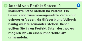 Das Textanalyse Tool von PR-Gateway - Kategorie: Perfekt-Sätze