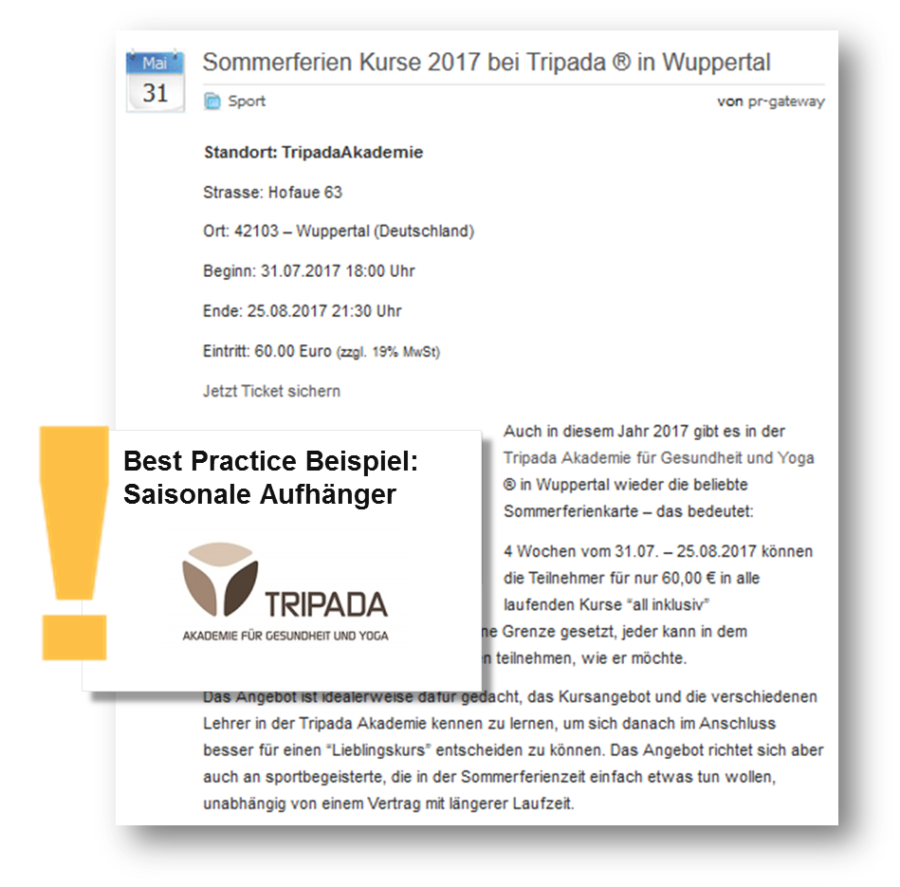 Sommer PR: Sommerferien Kurse 2017 bei Tripada ® in Wuppertal