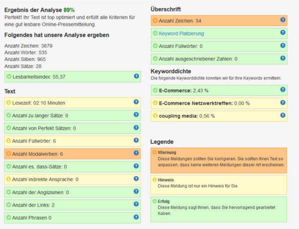 Analyseergebnis eines Onlinetexts des PR-Gateway Textanalyse-Tools