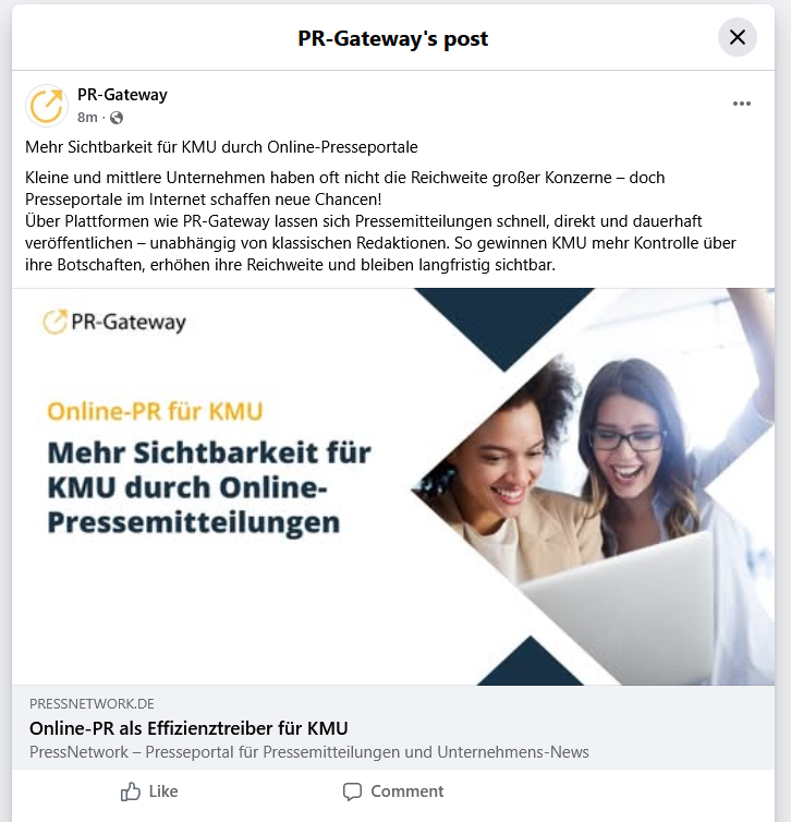 Ihre Pressemitteilung wird auf den Online-Presseportalen veröffentlicht und gleichzeitig als Social Media Post geteilt