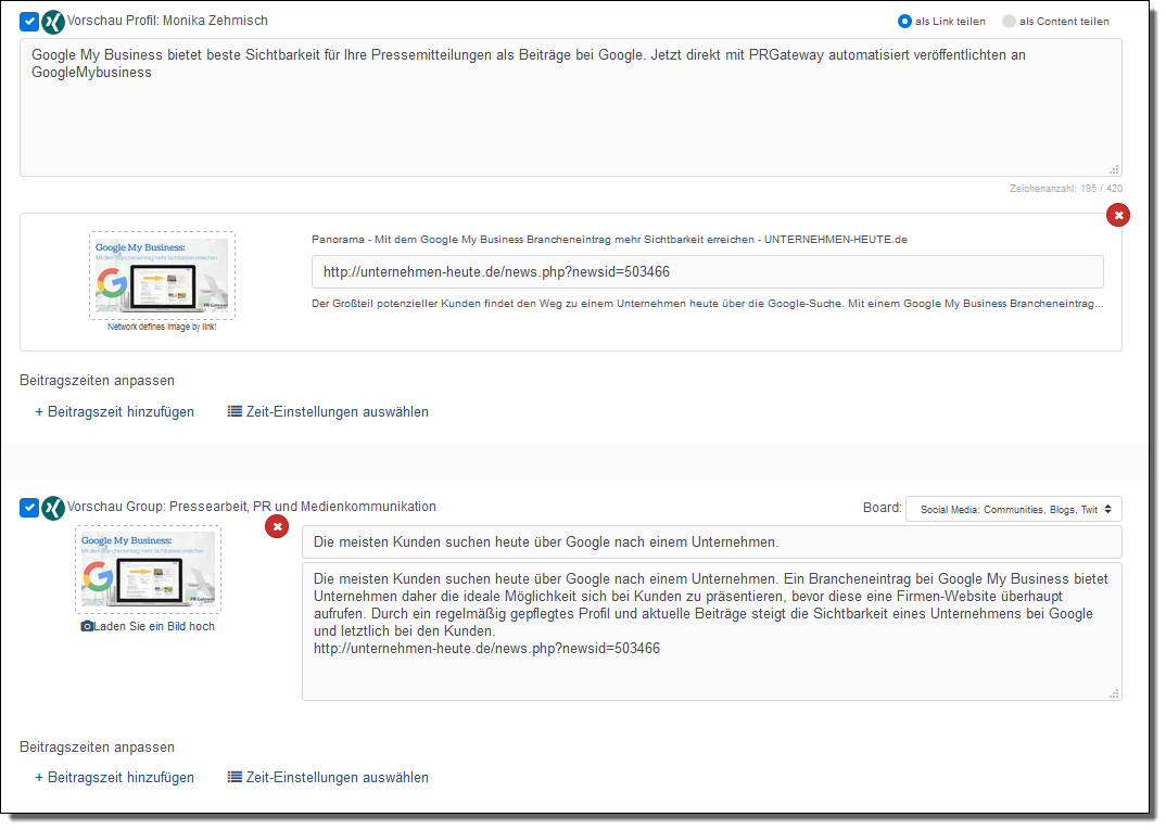 Auch innerhalb eines Netzwerks können Sie auf Profilen, Seiten oder Gruppen Ihre PR-Inhalte individualisieren.
