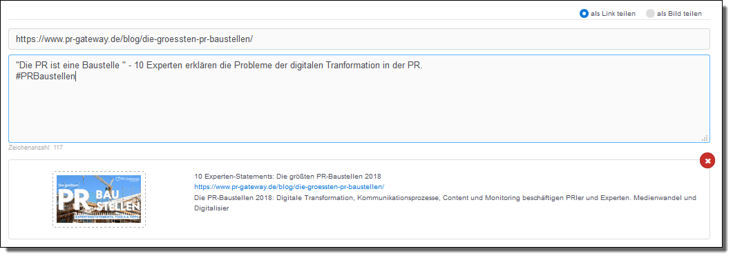 Die Anlage eines Linkbeitrags in der Blog2Social WebApp