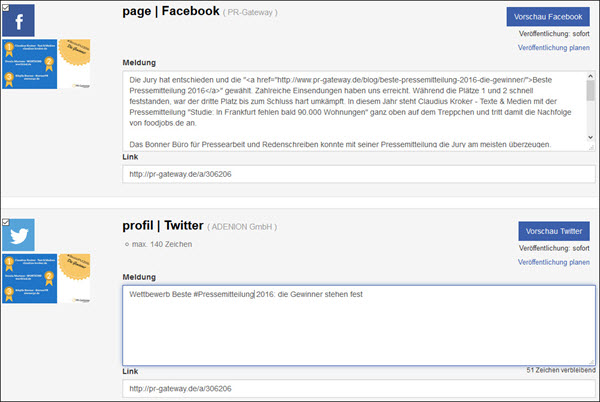 Ansicht CM-Gateway: Auch bei der Content Curation sollten die Posts für jedes Netzwerk individualisiert werden