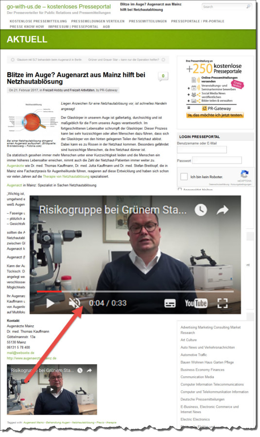 Pressemitteilung mit Video: Ohne viel Aufwand produziert wirkt dieses Video sehr authentisch und steigert das Vertrauen zu Augenarzt Dr. Kauffmann.