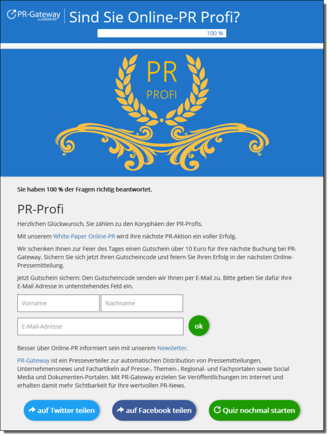 Leadgenerierung in einem Online-Quiz, bei Beantworten aller Fragen. Als Geschenk erhält der Teilnehmer einen 10-Euro-Gutschein.