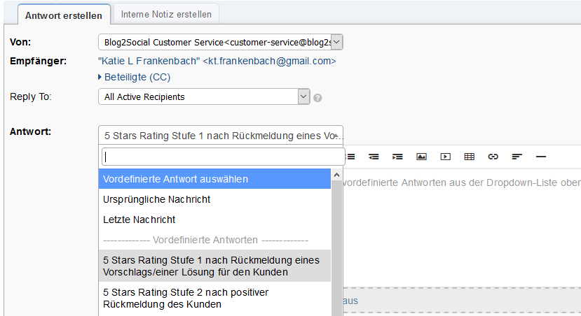 Vordefinierte Antwort im Support System zur Review-Akquise