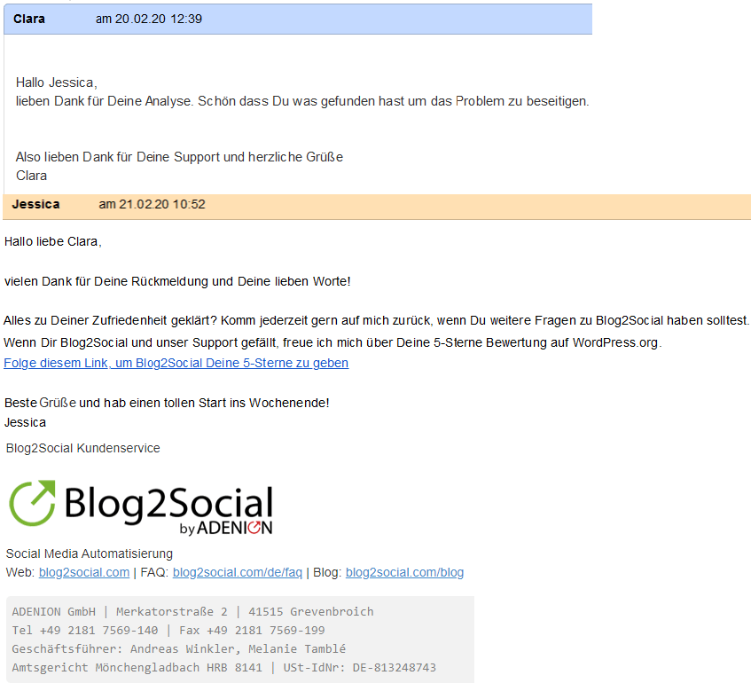 Support Ticket mit der Bitte um eine positive Bewertung