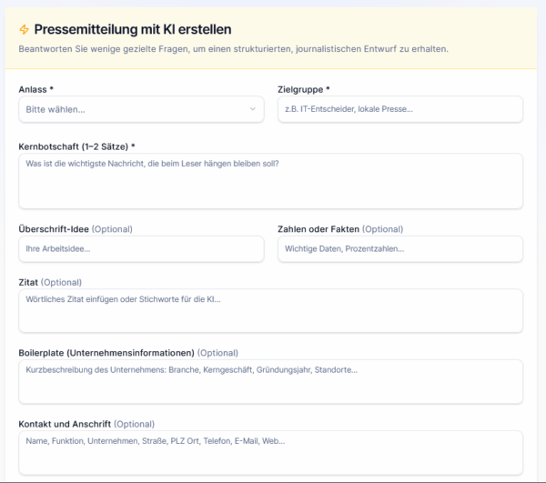PR-Gateway KI Textgenerator für Pressemitteilungen